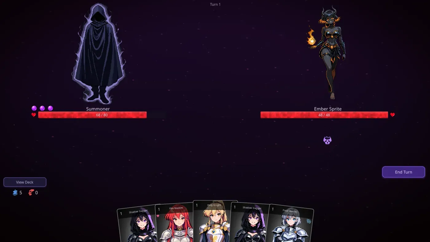 Soul Strip battle screen — player vs Ember Sprite with card hand visible