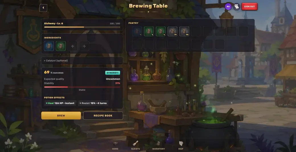 Alchemy table: picking ingredients and reading the stability forecast