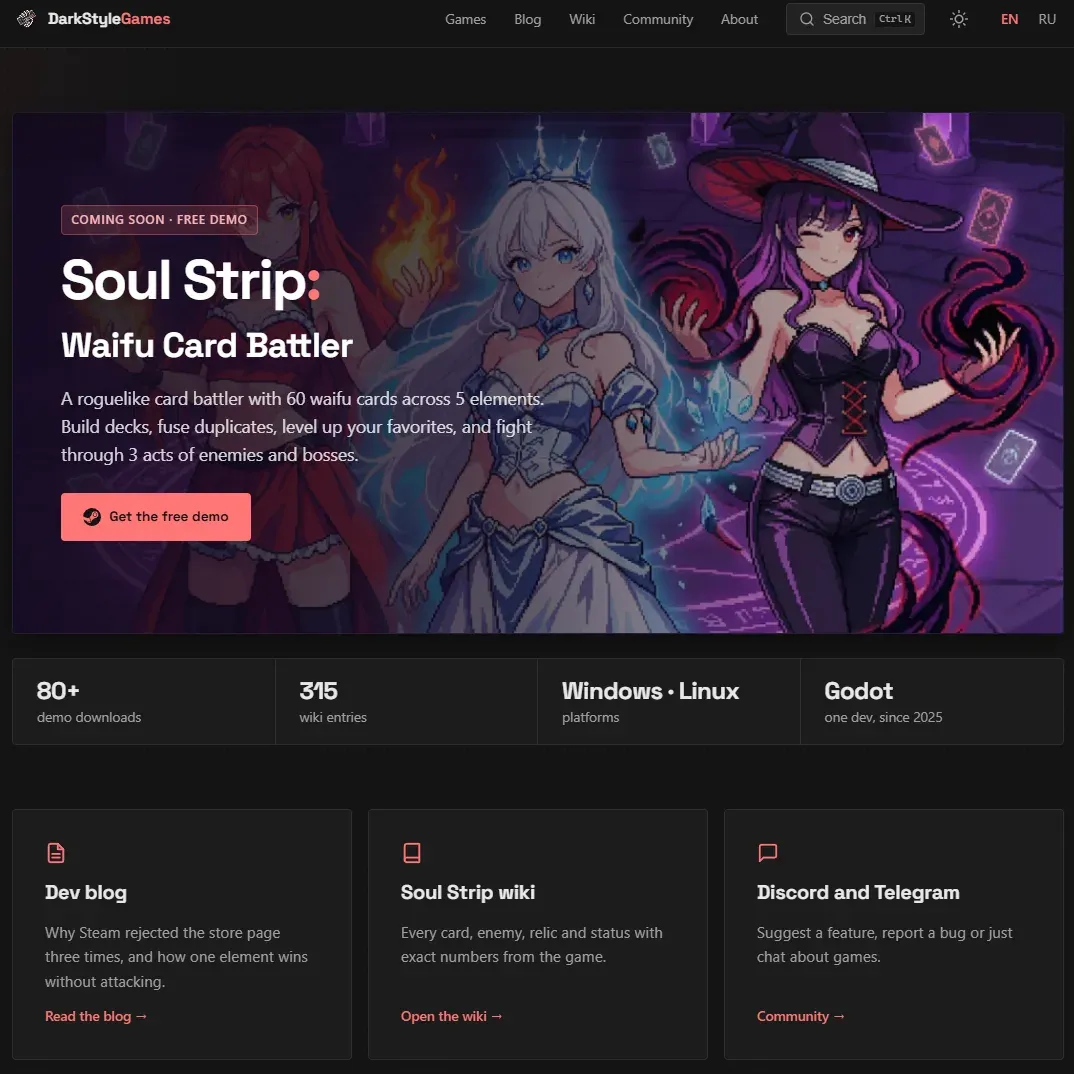 The refreshed DarkStyleGames homepage with Soul Strip, the blog, wiki, and community links
