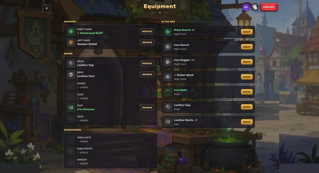 Character equipment screen