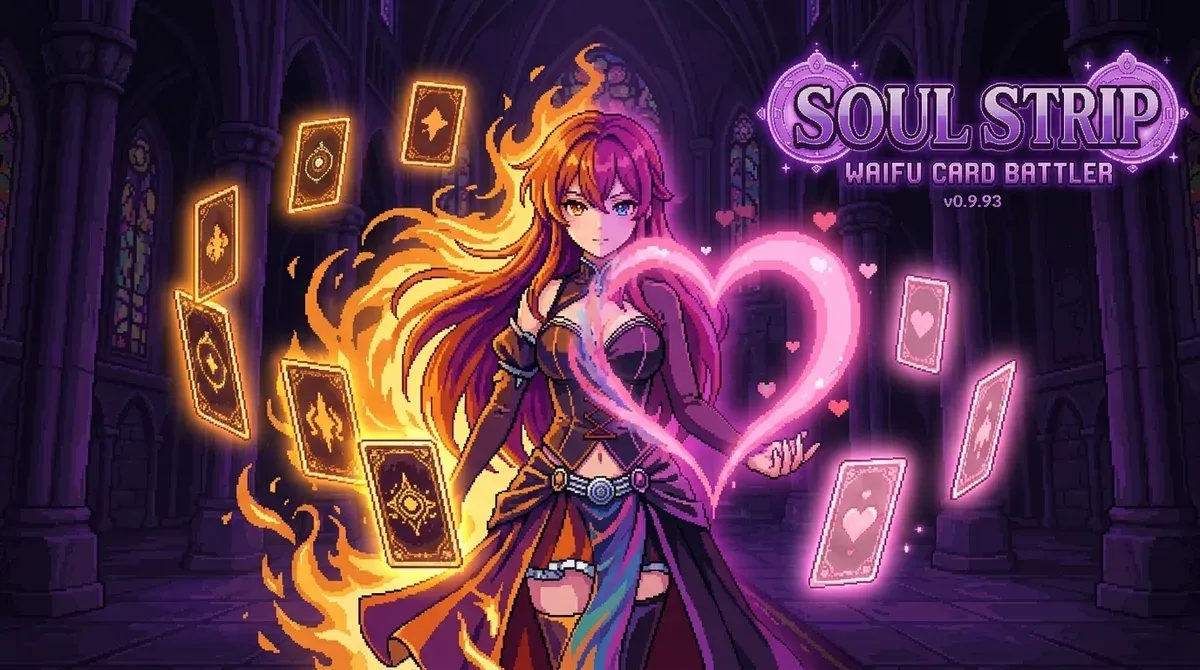 Soul Strip pixel art: a card heroine between a fiery card-level aura and a pink Bond aura
