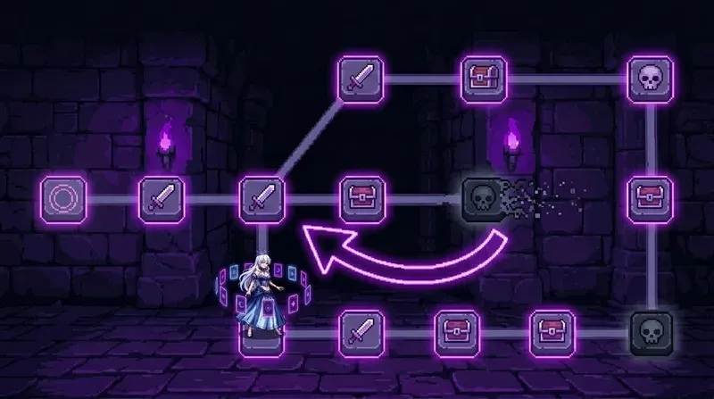 Pixel art: a run map of nodes where the spent node goes dark and crumbles while an arrow curves back to the earlier fork