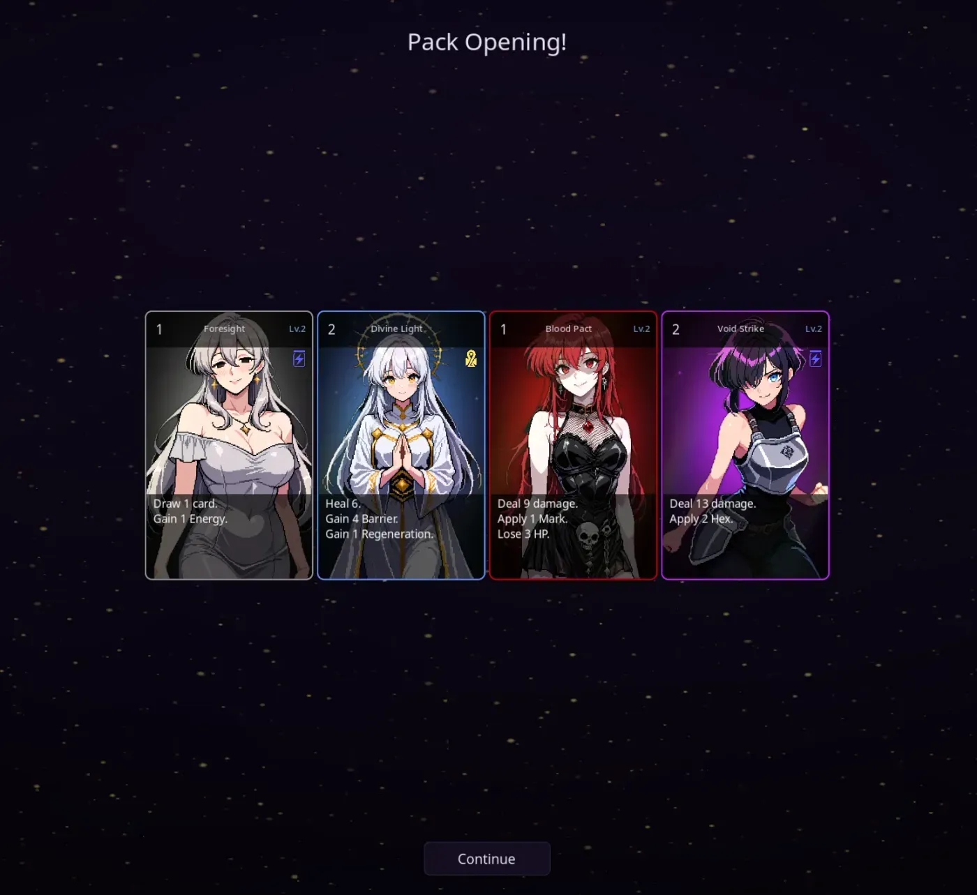 Soul Strip pack opening — revealing four new waifu cards