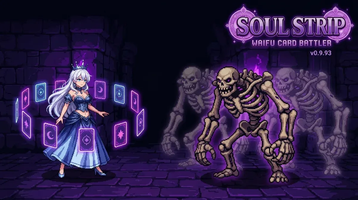Soul Strip pixel art: a card heroine facing a Bone Golem that repeats as two ghost silhouettes behind it