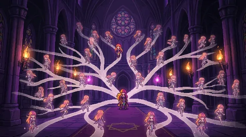 Pixel art: one heroine in the middle of the hall and dozens of ghost copies of her fanning out along branching paths
