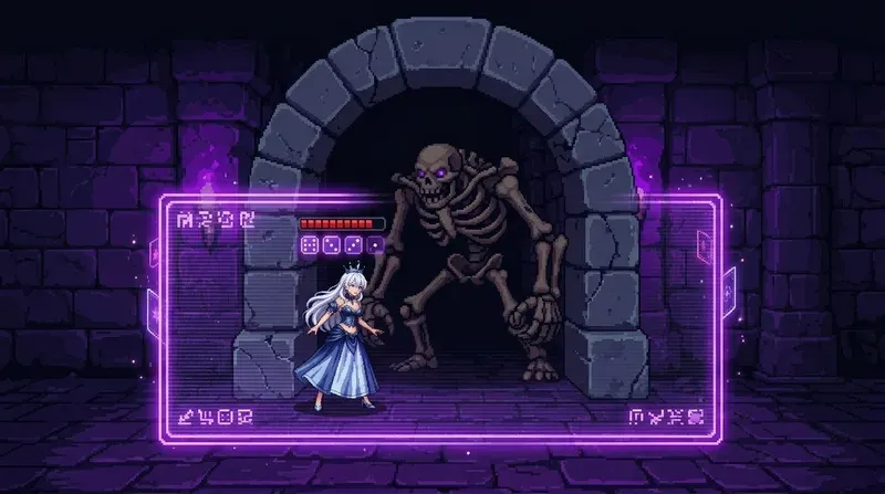 Pixel art: the heroine at a node entrance with a Bone Golem waiting beyond the arch, a glowing snapshot frame with an HP bar laid over the scene